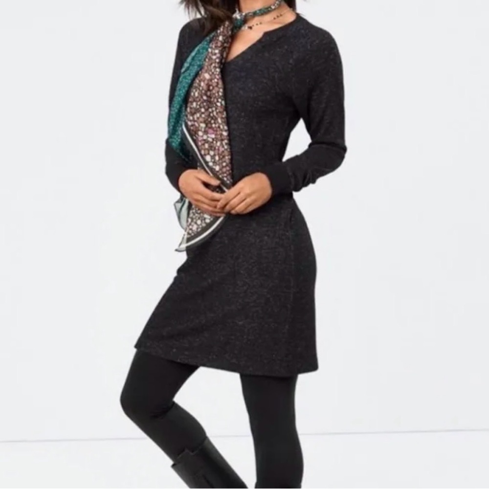CABI PJ KNIT DRESS BLACK HEATHER V-NECK RUCHED SLEEVE SHIFT STYLE 3829 SZ SMALL